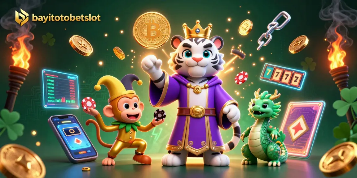 Experience dynamic gaming joy at bayitotobetslot with a colorful 3D illustration featuring a white tiger, monkey, and jade dragon.