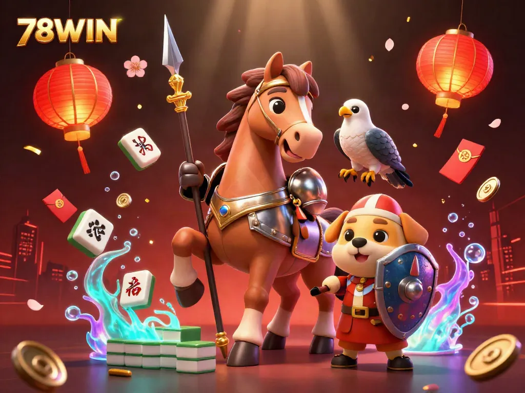 Experience thrilling gameplay with 78WIN in an ultra-detailed illustration featuring unique characters and vivid casino elements.