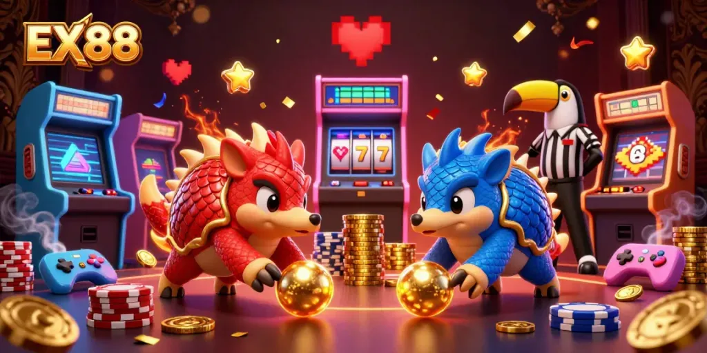 EX88 pangolins bowl through poker chips in a vibrant casino scene illustrating excitement.