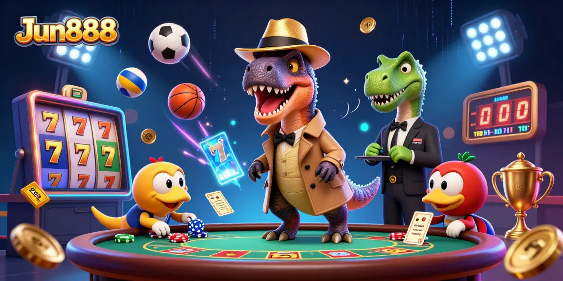 Experience the excitement of Jun888 with a velociraptor card counter at blackjack surrounded by dynamic game elements.