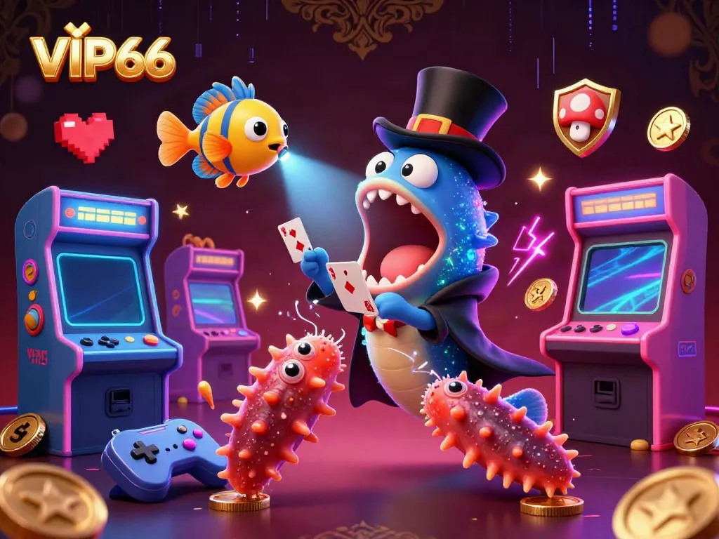 Engage in VIP66's thrilling magic with a 3D bioluminescent eel performing card tricks in a vibrant casino environment.