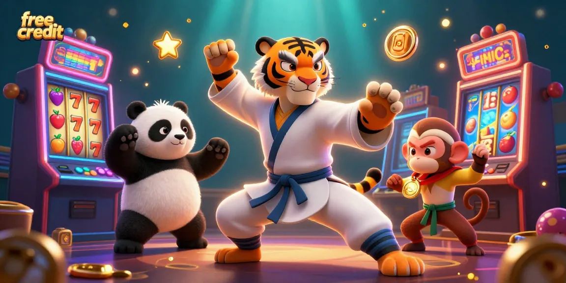 Engage with free credit offers in a vibrant casino scene featuring a kung fu tiger and cartoon characters.