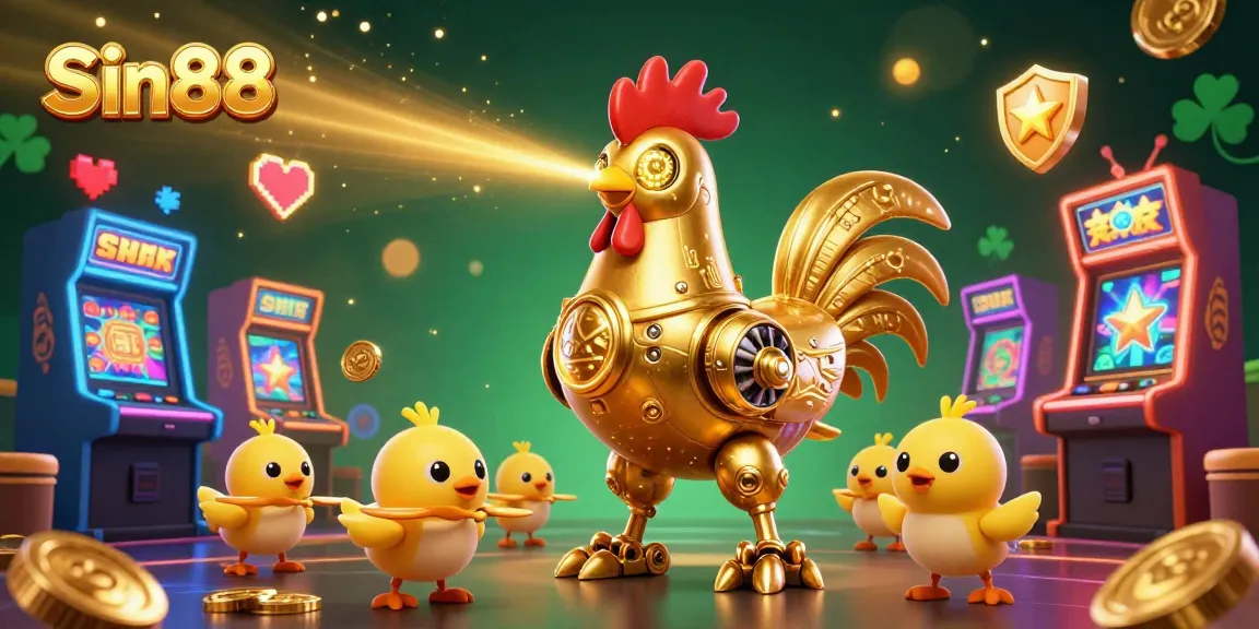 Engage with Sin88 in a vibrant casino scene featuring a golden rooster robot and arcade elements.