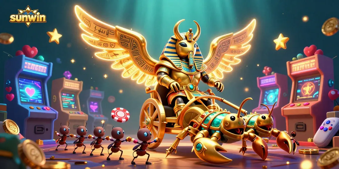 Win big with sunwin, featuring a colossal golden scarab beetle amid vibrant casino elements.