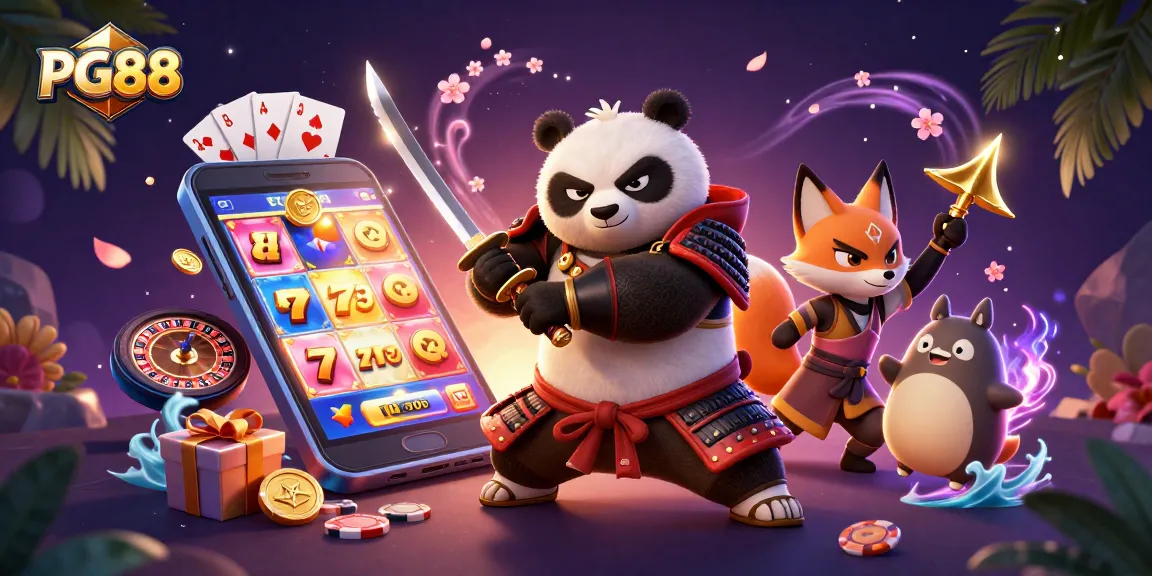Engage with PG88's vibrant gaming world, featuring a samurai panda and ninja companions in action.
