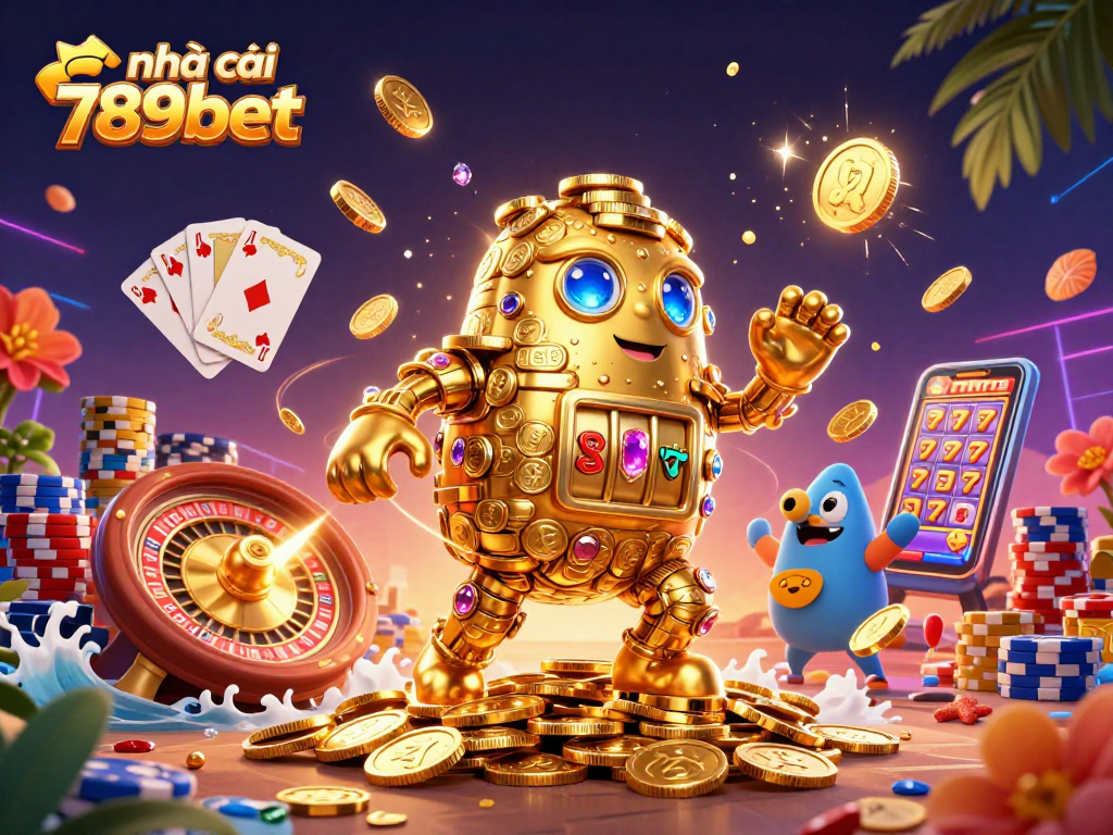 Engage with excitement at nhà cái 789bet, featuring a striking 3D golem and vibrant casino elements.