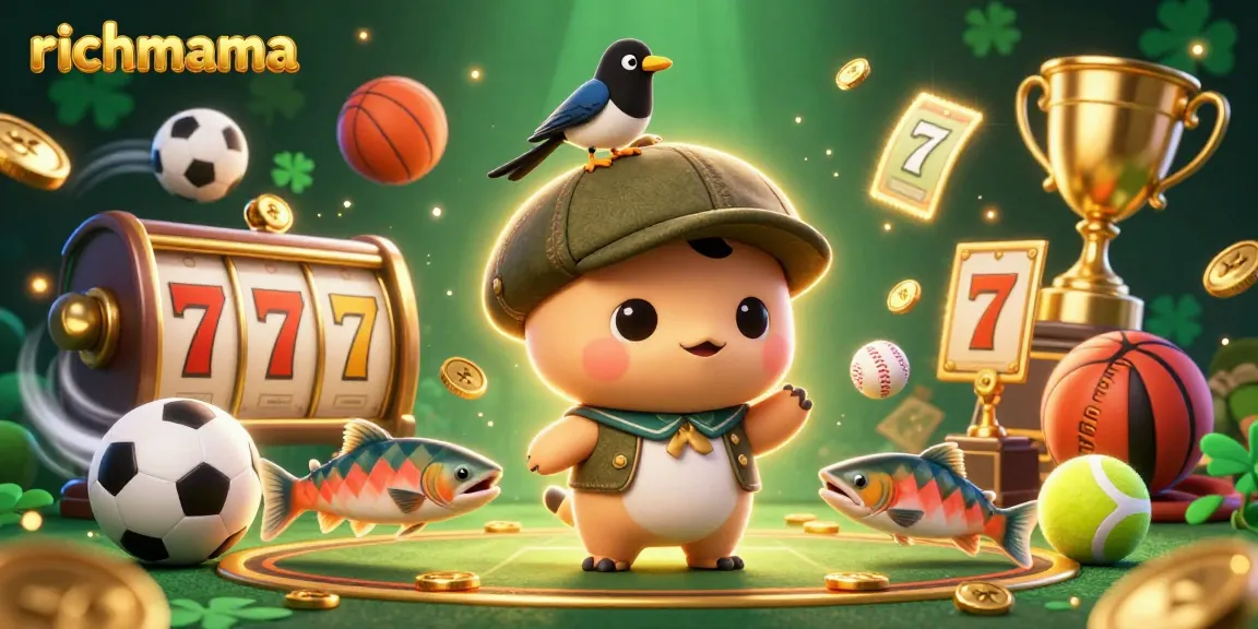 Engage with richmama in a vibrant casino scene featuring playful Nessie, treasure, and dynamic gaming elements.
