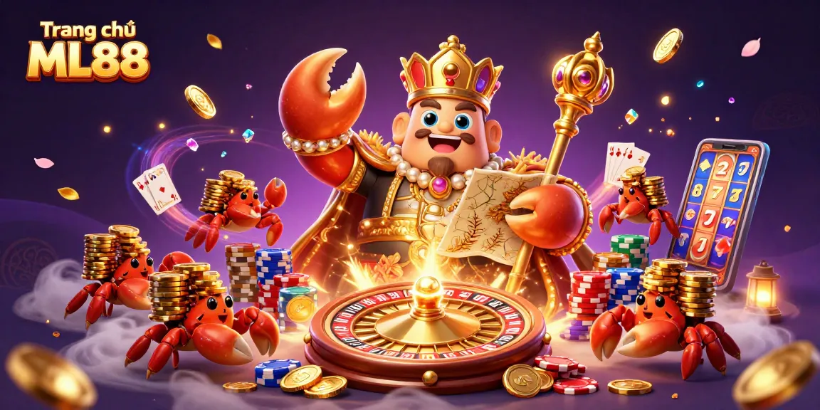 Experience thrilling gameplay at Trang chủ ML88 with the golden crab emperor leading a treasure-filled scene.