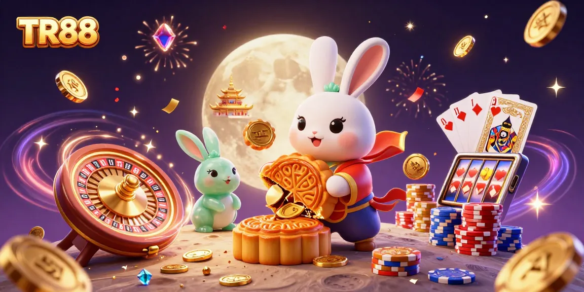 Spin the reels at TR88 with the 3D moon rabbit amidst dazzling casino icons.