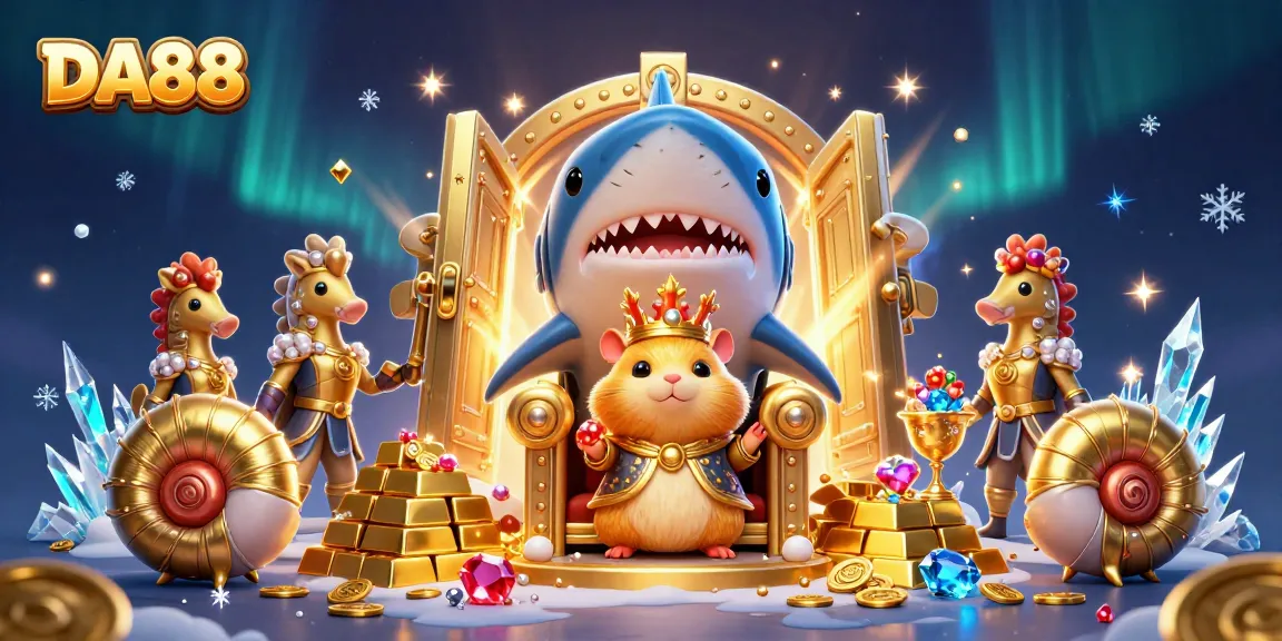 Experience DA88 thrills with a golden hamster king and treasure in a vibrant casino scene.