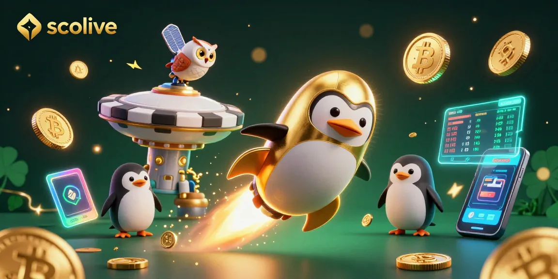 Socolive presents a dynamic illustration of a golden penguin flying toward a casino station, surrounded by glowing crypto elements.