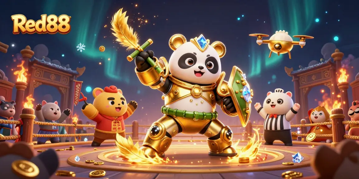 Engage with thrilling gaming action at Red88 with a vibrant 3D illustrated arena showcasing casino characters.