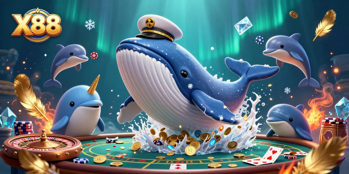 X88 gameplay illustrated with a 3D whale in a casino scene, featuring vibrant poker chips and casino elements.