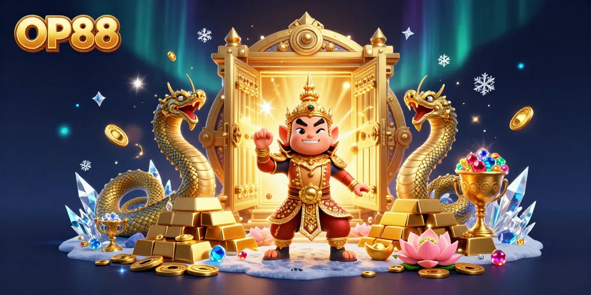 OP88 features a vibrant 3D illustration showcasing a Thai guardian with treasures and dynamic casino elements.