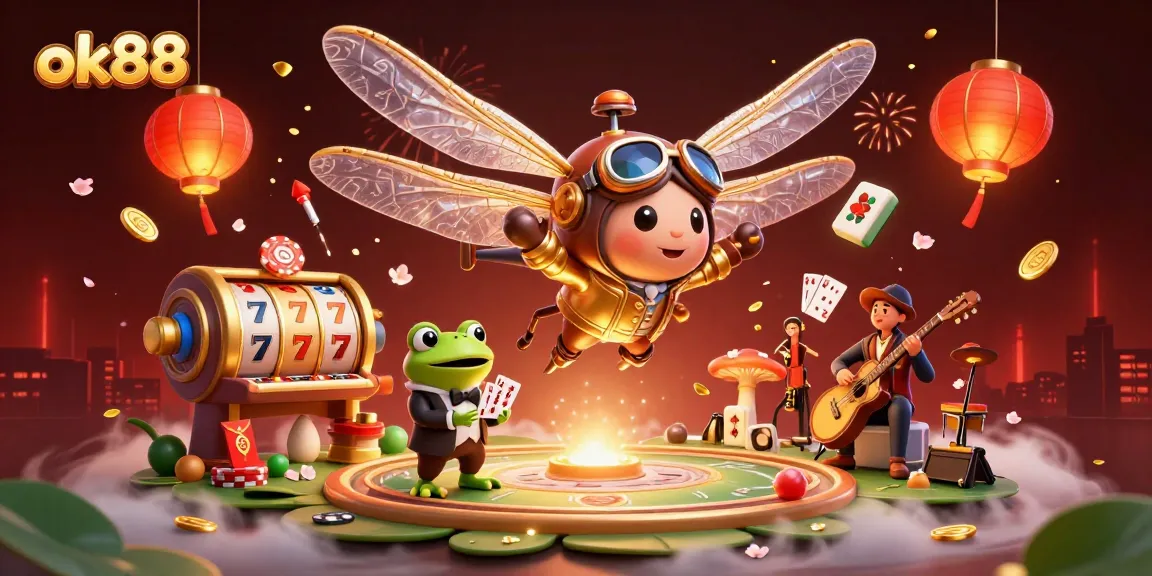 Experience the excitement of ok88 with a vibrant scene featuring a dragonfly pilot, frog croupier, and lively jazz musicians.