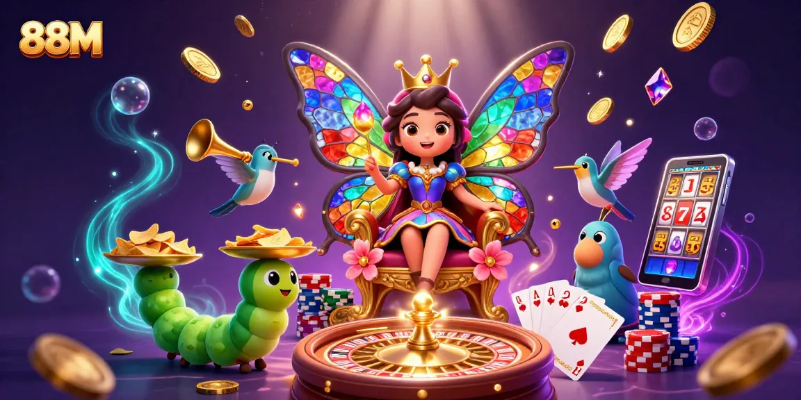Engage in thrilling casino action with 88M, featuring a butterfly queen and vibrant gaming elements.