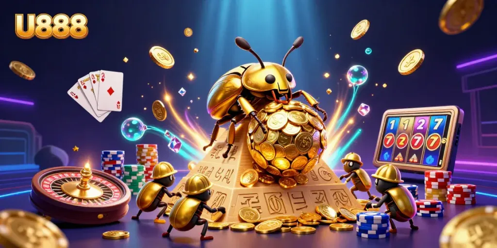 Experience the excitement of U888 as a golden dung beetle rolls coins in a vibrant casino scene.