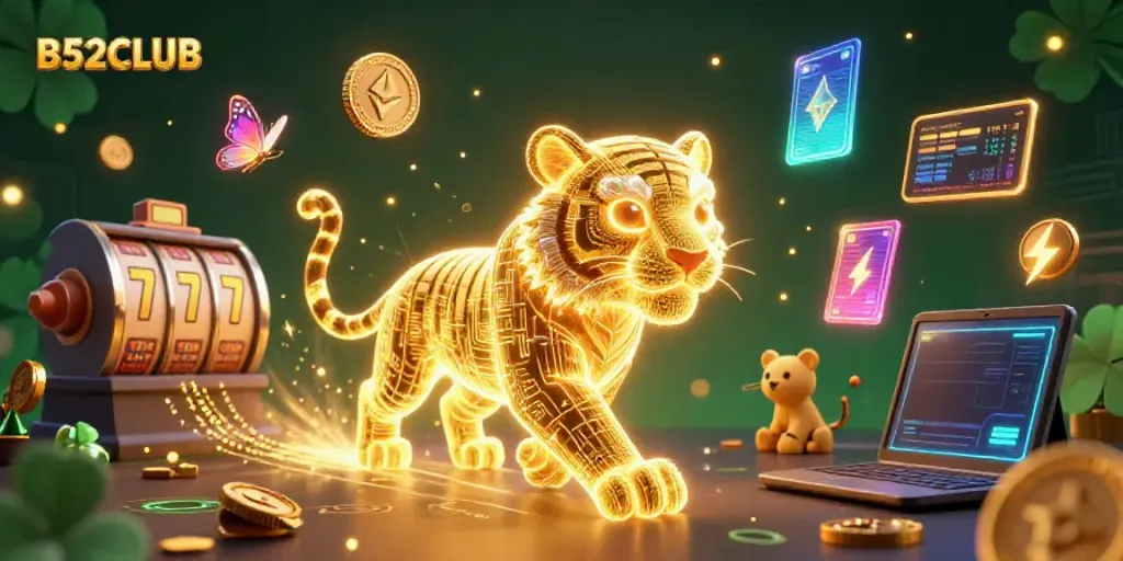 B52CLUB's golden tiger prowls a digital casino amid neon crypto symbols and slot elements.