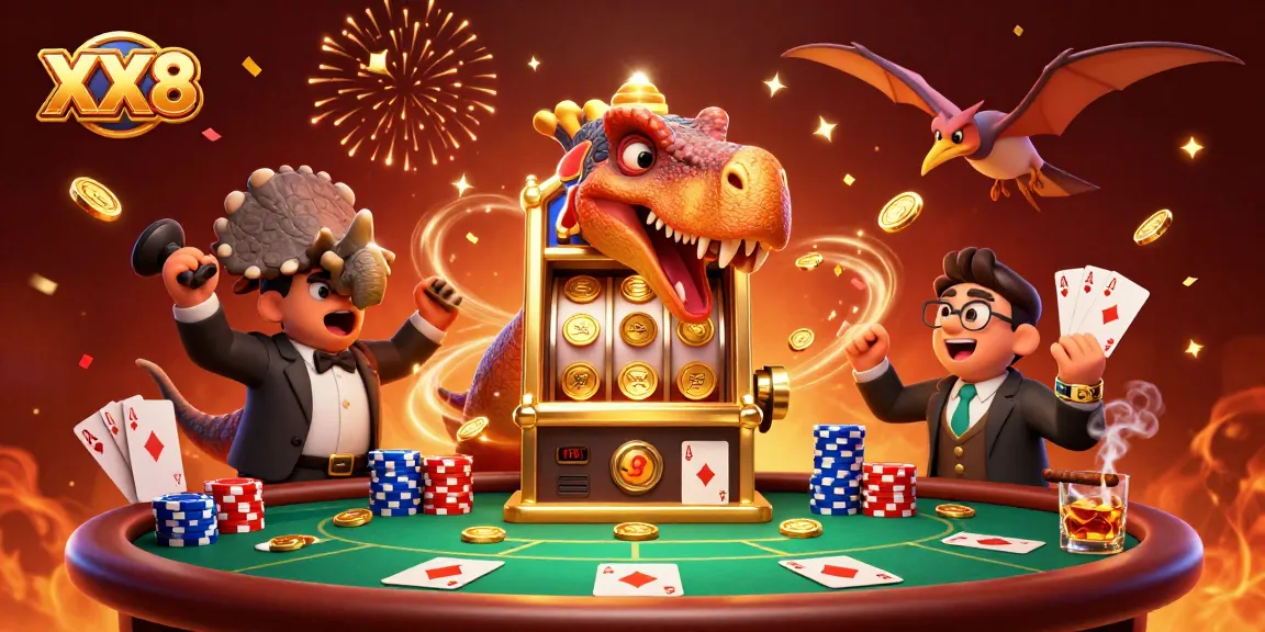 Experience XX8's dynamic casino scene with a dinosaur winning jackpots and excitement all around.