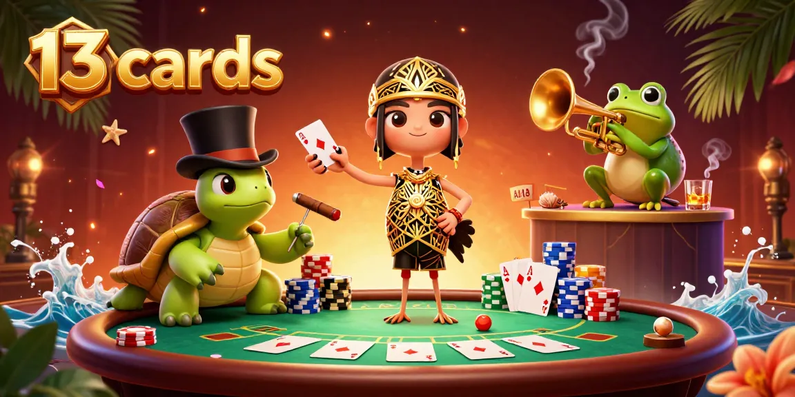 Play strategic 13 cards at a vibrant casino scene with colorful poker chips and engaging characters.
