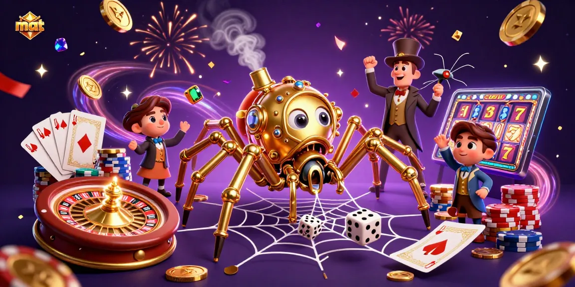 Catch lucky dice in the web of a steampunk golden spider at the virtual mat casino.