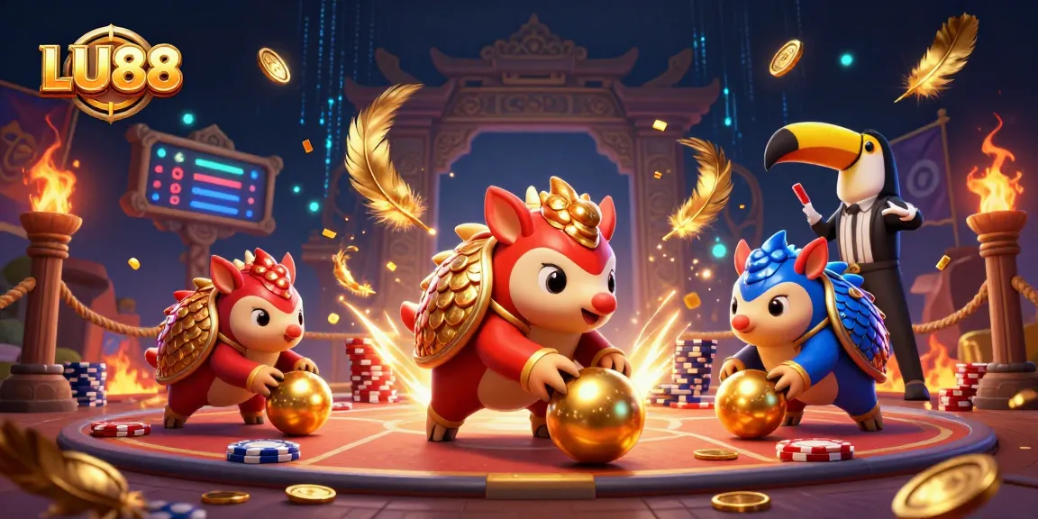 LU88 features a thrilling scene where pangolins roll into golden balls, mixing casino excitement with vibrant game visuals.