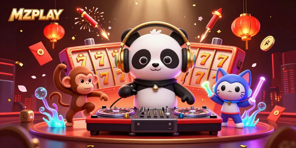 MZPLAY engages players with vibrant 3D casino scene featuring a DJ panda, breakdancing monkey, and vibrant decorations.