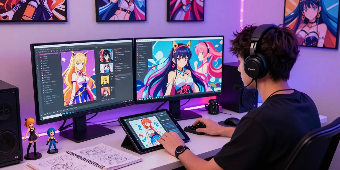 Engaging AI chat hentai interaction in a vibrant digital art studio with colorful animations.