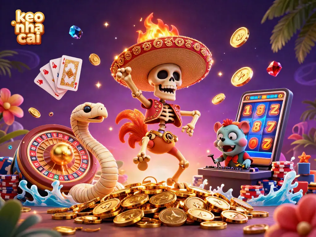 Engage with keo nha cai through vibrant casino characters and dynamic gaming elements in this lively illustration.