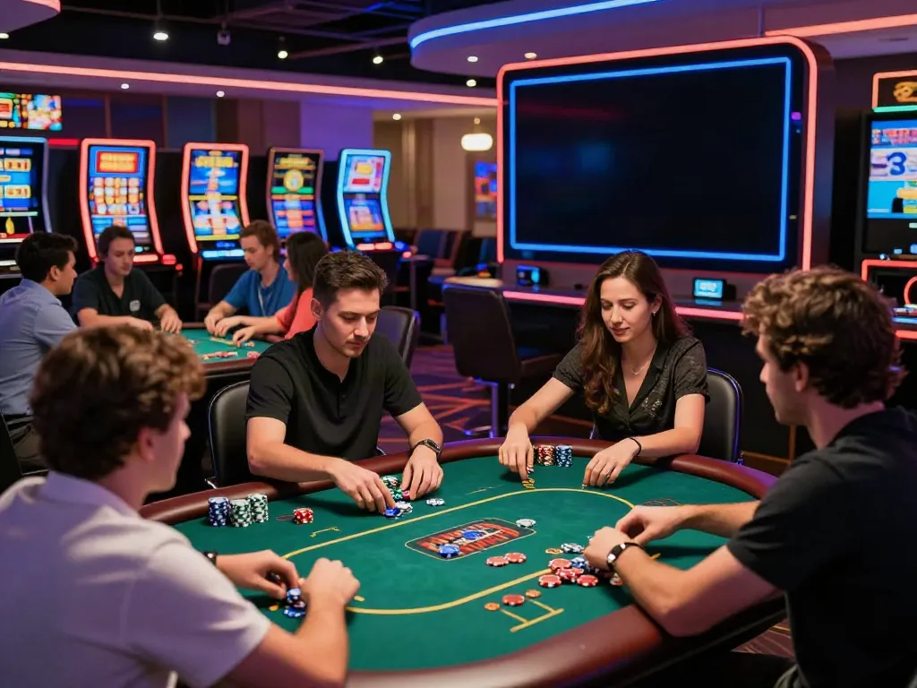 Casino not on Gamstop players enjoying games in a lively gaming lounge