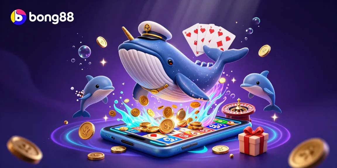 Bong88 showcases a vibrant 3D casino scene with a whale and playful dolphins enjoying slots and poker.
