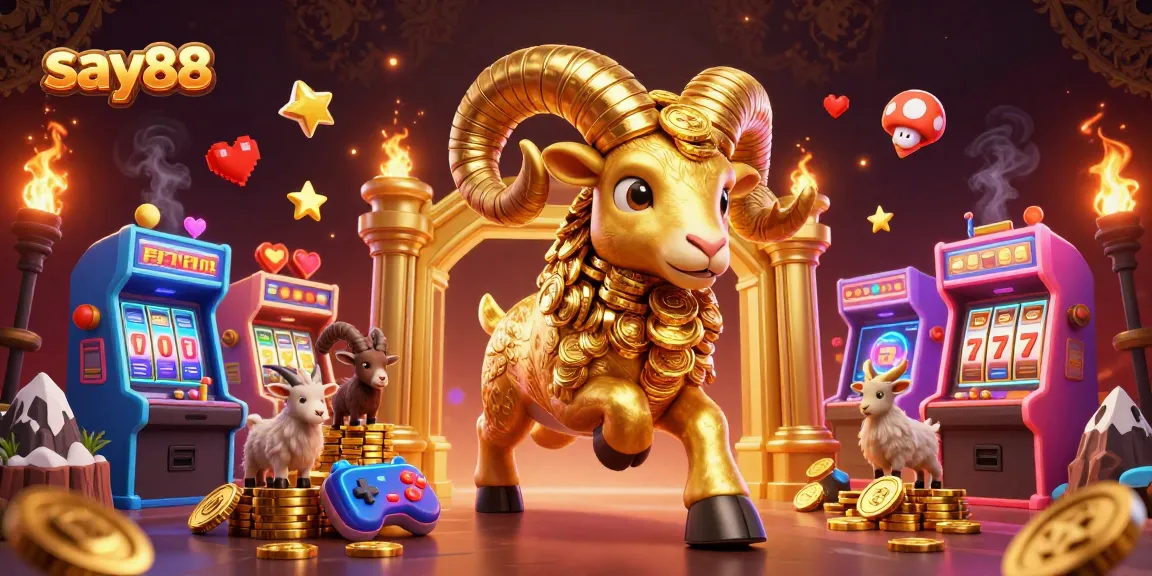 Engage with say88's vibrant gaming universe featuring golden ram, game machines, and dynamic casino elements.