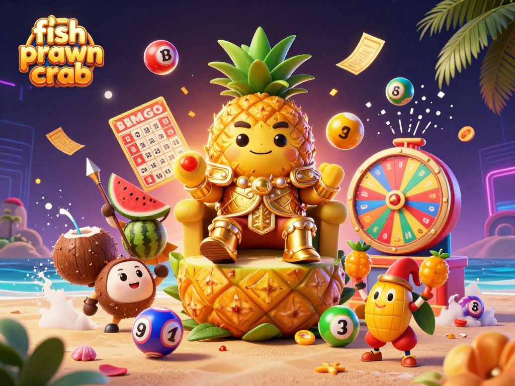 Engage in thrilling gameplay with fish prawn crab as colorful elements flutter around a golden pineapple king.