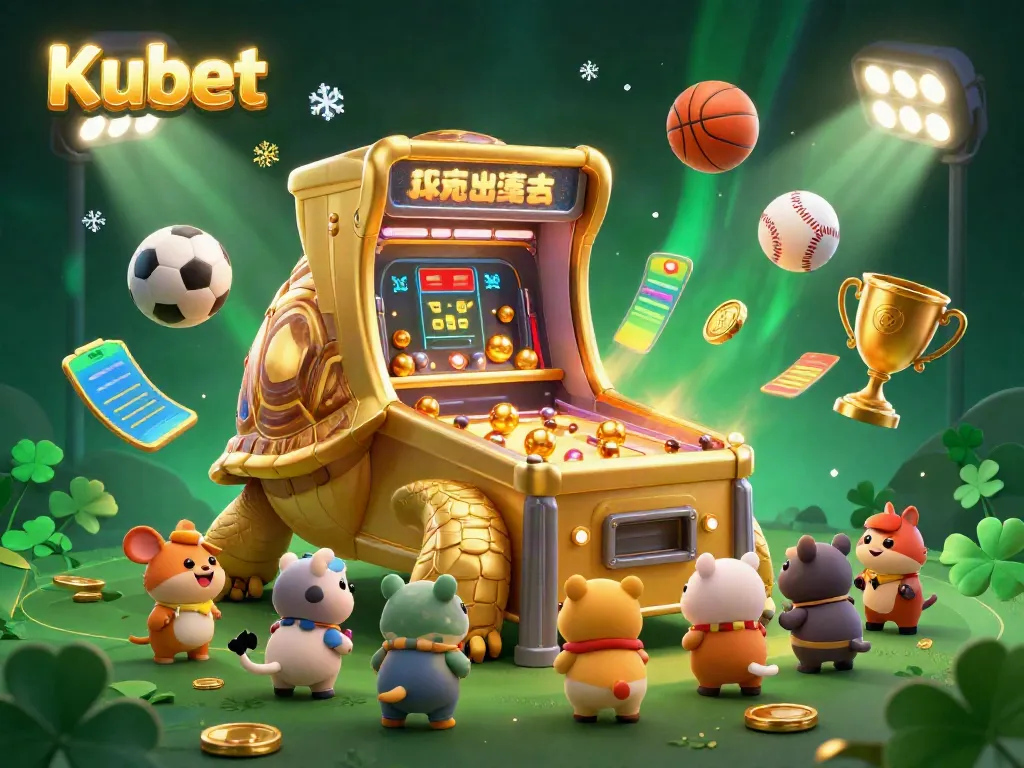 Kubet offers a stunning gaming experience through its online casino environment featuring a golden tortoise and sports elements.