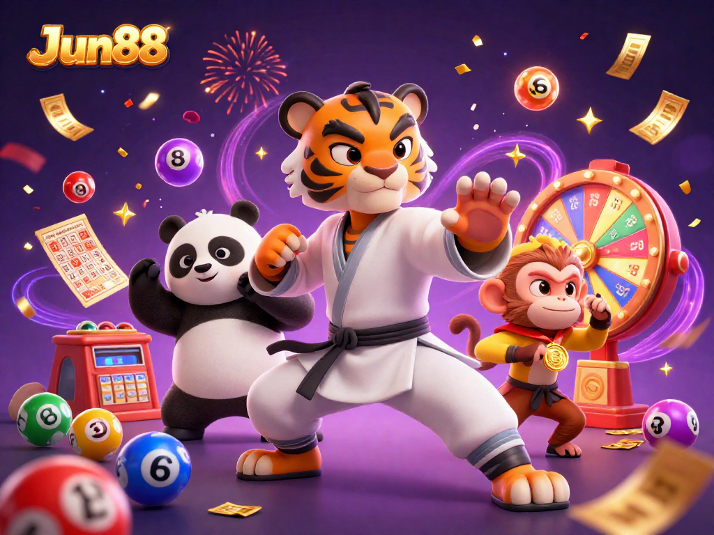 Engage in winning strategies at JJun88 with vibrant lottery elements and playful characters.