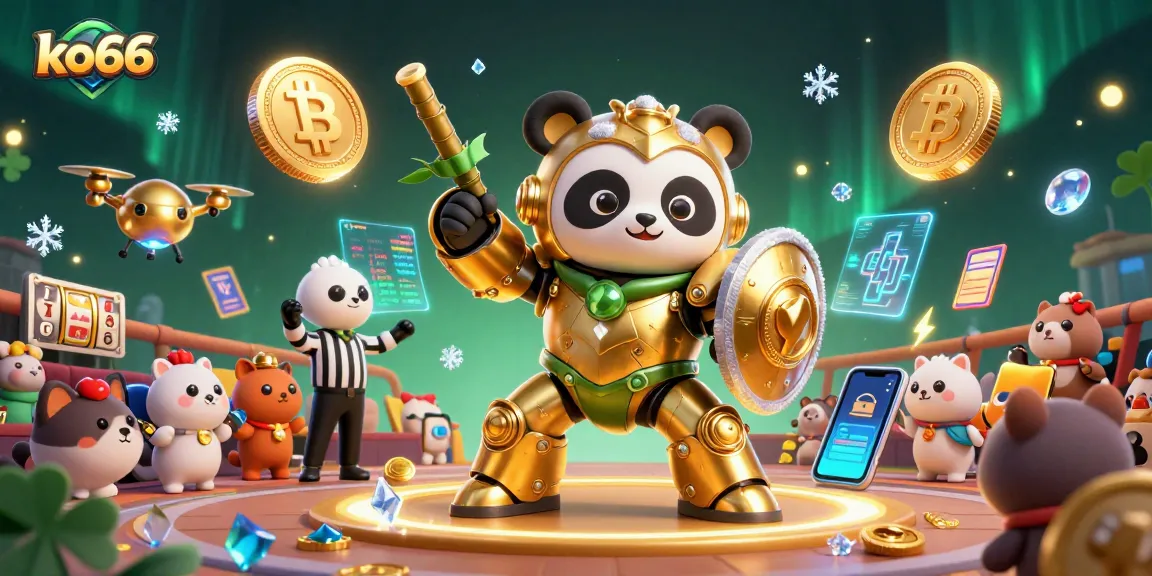 Play exciting slot games with ko66 featuring a golden panda in mech-suit amidst dynamic casino elements.