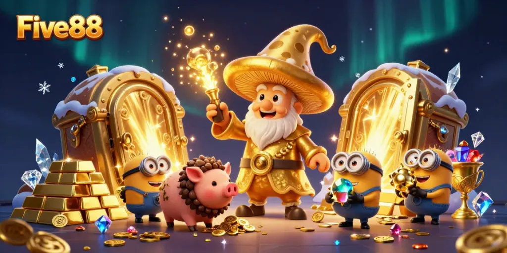 Experience the magic of Five88 with a golden wizard and treasure in this immersive casino scene.