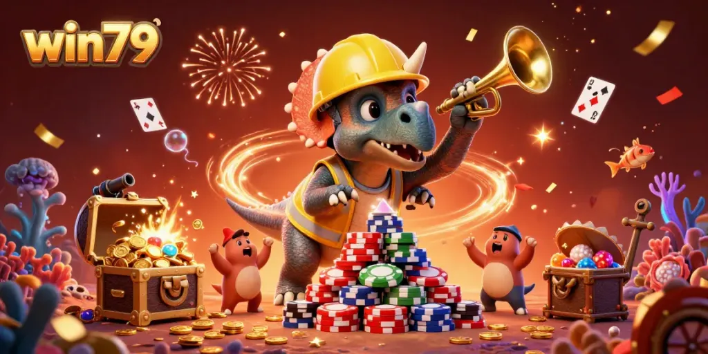 win79 engages players with a lively casino atmosphere featuring a triceratops building poker chip towers and celebrating