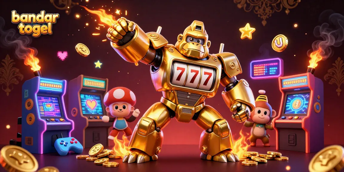 Engage with bandar togel in this vibrant 3D illustration featuring a golden gorilla mech and colorful game elements.