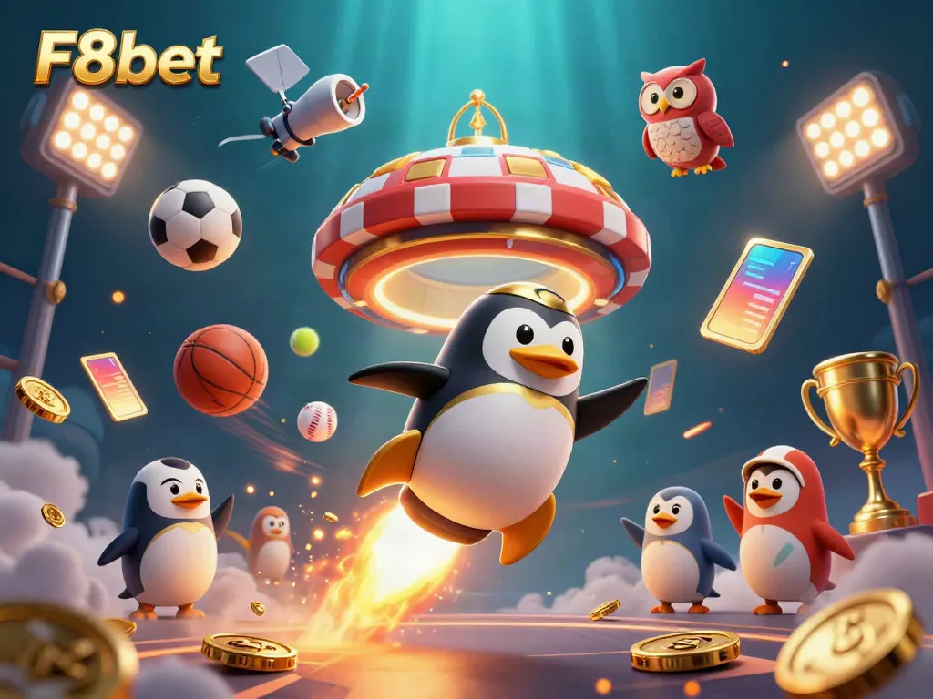 Experience thrilling gaming action with F8bet's golden penguin at a casino space station, surrounded by sports betting excitement.