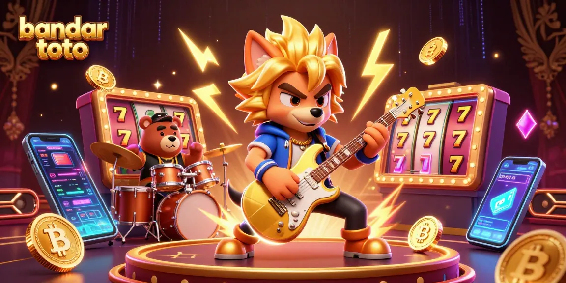 Experience the thrill of bandar toto as a rock star wolf shreds guitar in a vibrant casino setting.