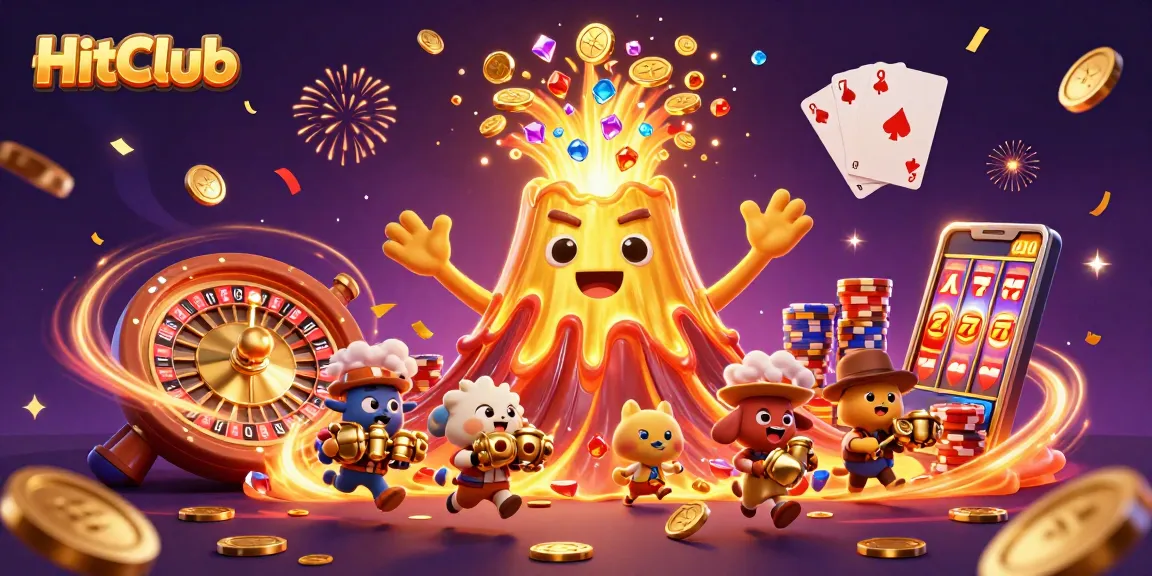 Experience exciting wins at HitClub with treasures and gaming adventures in a vibrant casino illustration.