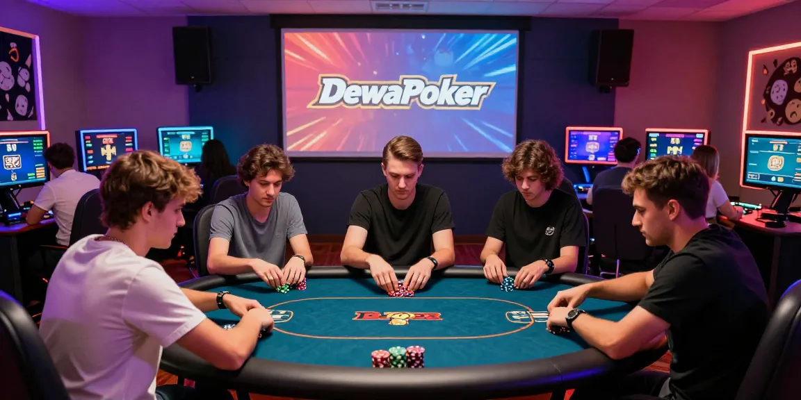 Situs Poker Uang Asli Dewapoker players concentrated in a lively online poker game setting, showcasing high-tech gaming equipment and vibrant lighting.