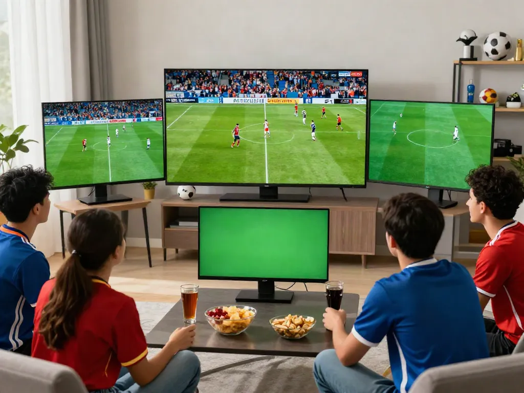 Group enjoying sports streaming on Thapcamtv with excitement and snacks.