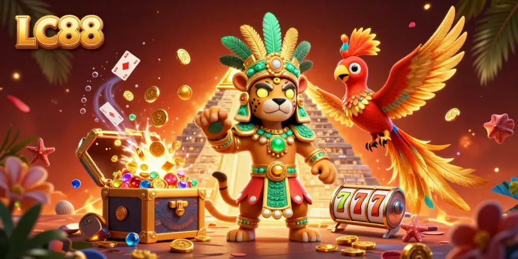 Experience thrilling gameplay with LC88 in this vibrant casino-themed 3D illustration.