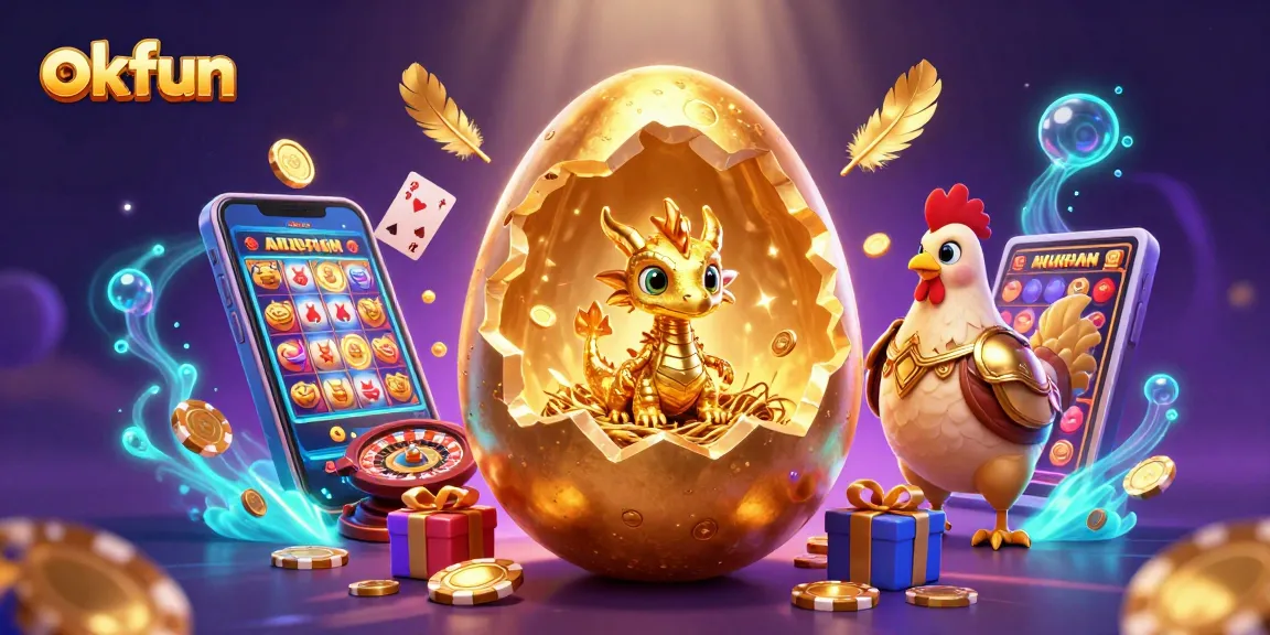 Experience thrilling wins at okfun with a golden baby dragon guarding poker chips and exciting games!