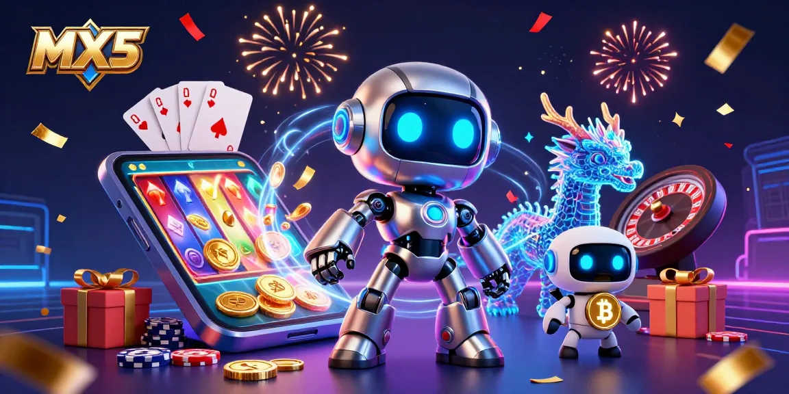 Experience exciting gaming at MX5 with a vibrant 3D illustration featuring dynamic casino elements.