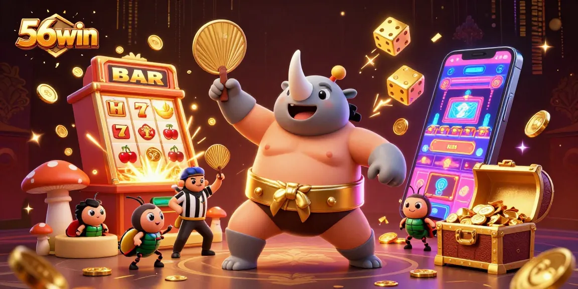 Engage with 56win's thrilling 3D casino scene featuring a sumo beetle champion amidst gold coins and jackpot excitement!