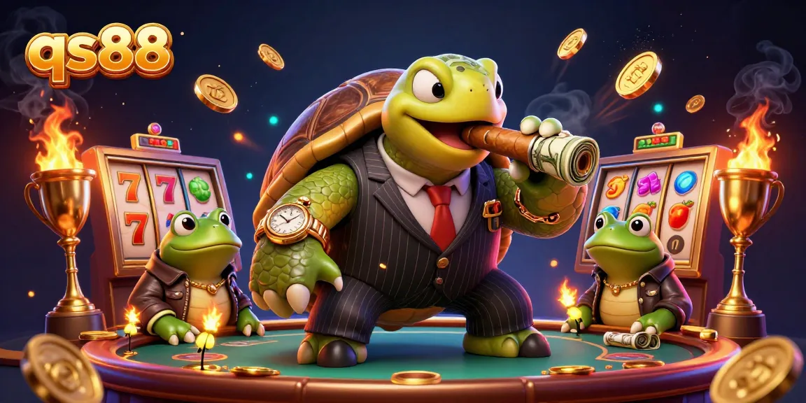 Spin the reels at qs88 with this vibrant, dynamic 3D casino scene, showcasing characters and gold treasures.
