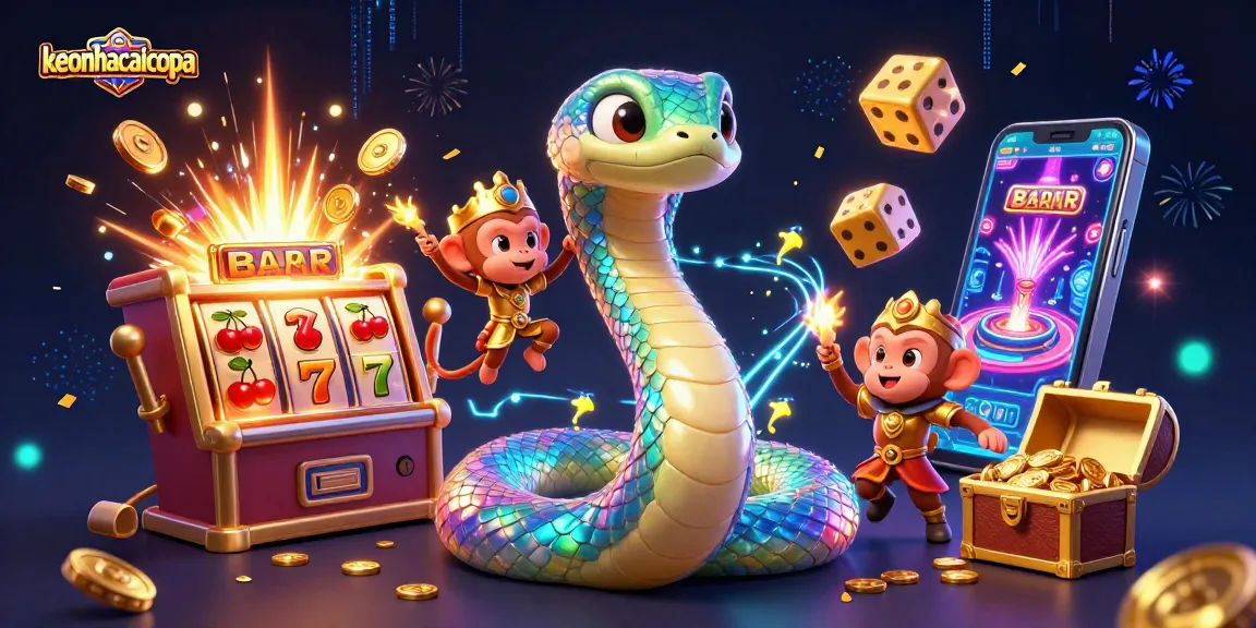 Spin the reels with keonhacaicopa's vibrant 3D casino scene showcasing a jackpot explosion and playful characters.